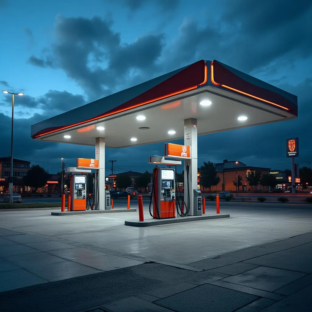 Moderna estación de servicio EAC con surtidores iluminados al atardecer