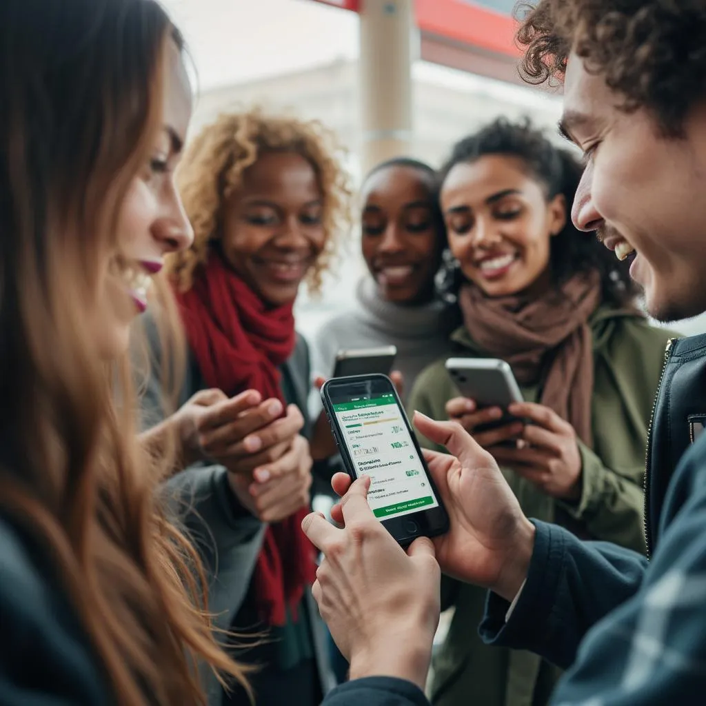 Personas interactuando con una app de estación de servicio